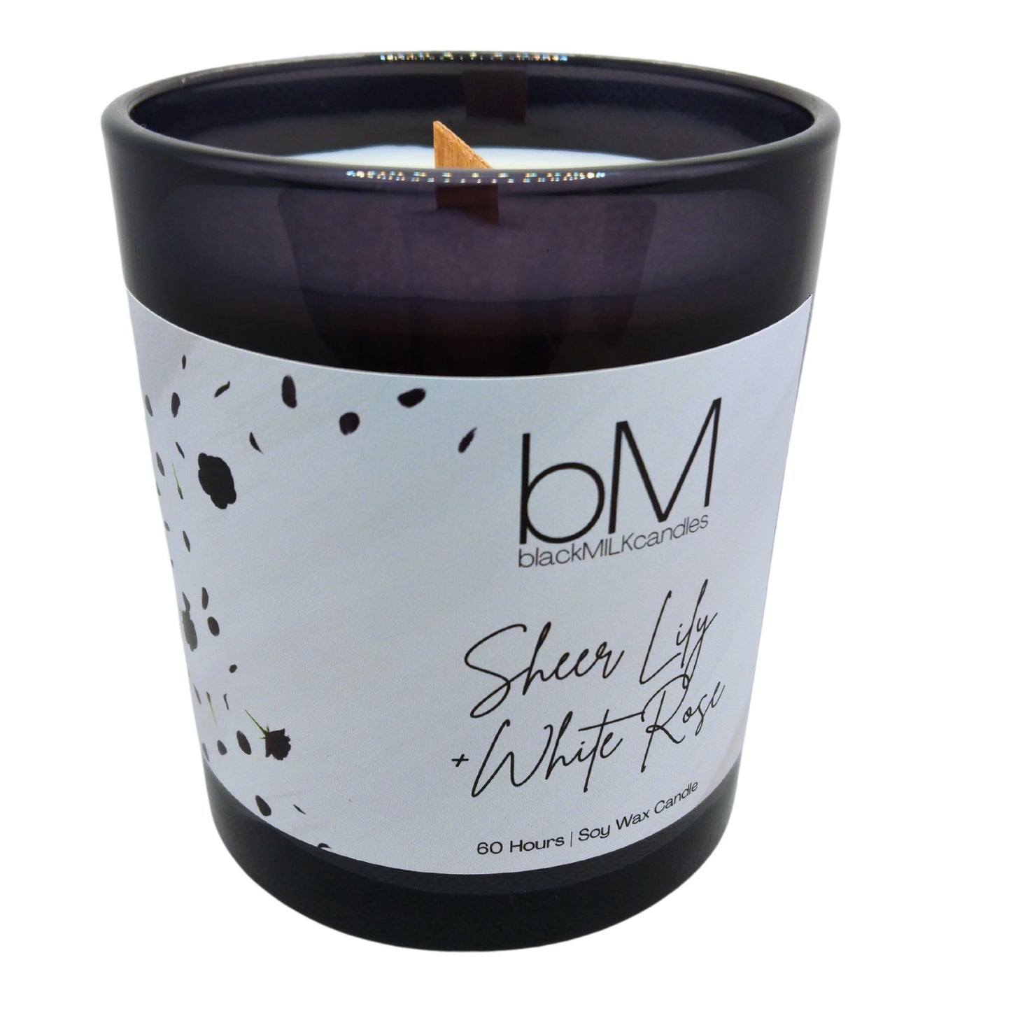 LIMITED EDITION Black Glass Wooden Wick - Sheer Lily + White Rose